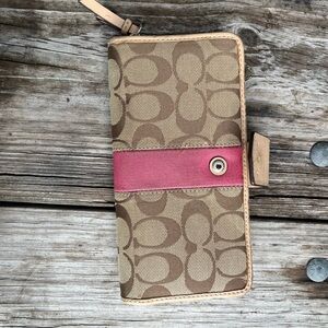 Coach pink and tan large wallet with zipper pouch and card holder